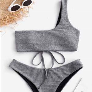 Zaful lace up one shoulder sparkle bikini set